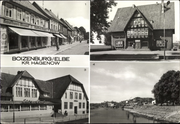 Postcard Boizenburg on the Elbe, Karl Marx Street, Konsum Hotel, Klubhausm Hafen, Elbe shipyards
