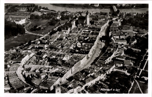Postcard Mühldorf am Inn Upper Bavaria, aerial view of Mühldorf, city view, river in the background, Ge