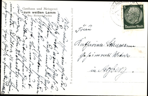Postcard Konradsreuth in Upper Franconia, panorama, inn and butcher's shop to the white lamb, market square, church