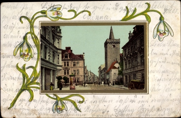 Embossed Passepartout PC Aschersleben in the Salzlandkreis, Liebenwahnschen Turm, Schneeglöckchen