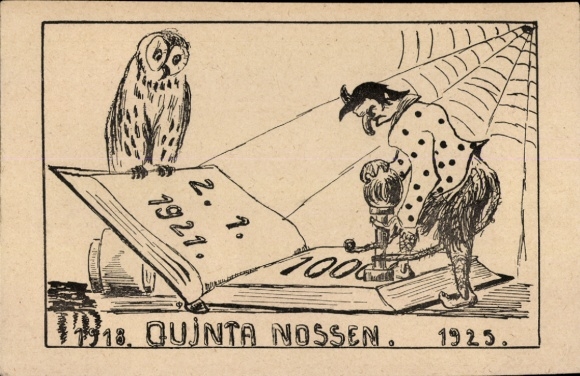 PC owl sitting on book, stamp, spider web, Quinta Nossen