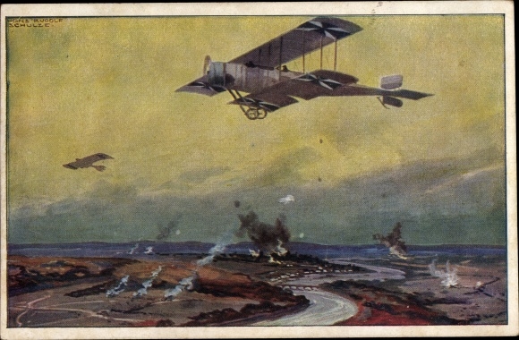 Artist PC Schulze, Hans Rudolf, military biplane on reconnaissance flight on the Marne, I. WW