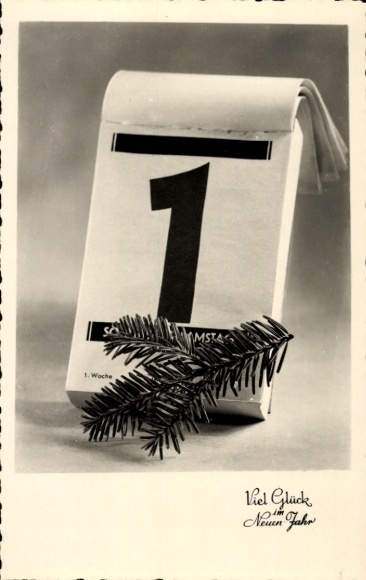 Postcard Happy New Year, calendar, fir branches