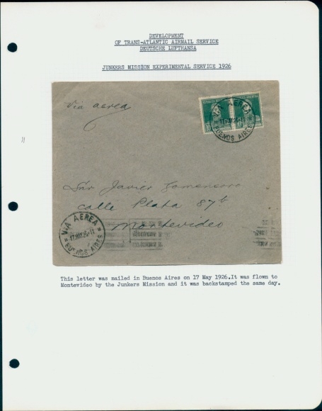 Letter Airmail Deutsche Lufthansa, Transatlantic, Junkers Mission Experimental Service 1926
