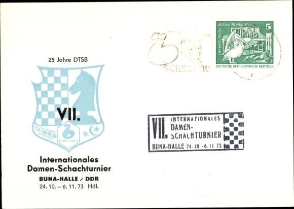 KP szachy, znaczek 25 lat DTSB, VII.Int. Turniej szachowy kobiet, Buna Hall, NRD, 1973