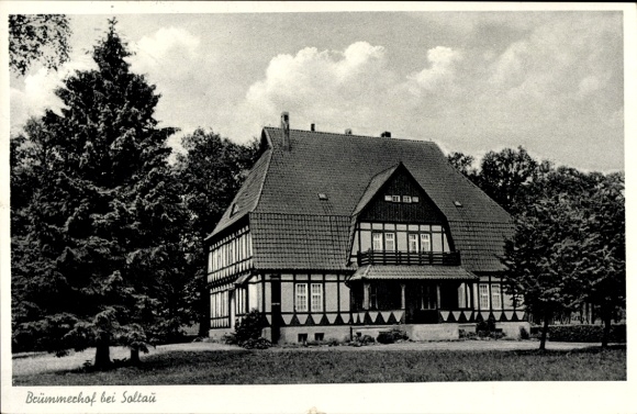 Postcard Soltau Lüneburg Heath Lower Saxony, Beümmechof, half-timbered house, trees, clouds, scenic