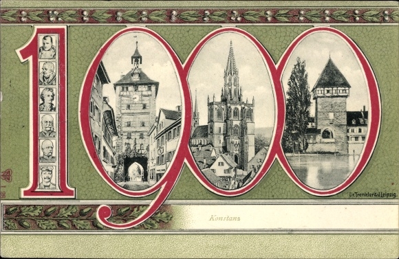 Passepartout Ak Konstanz am Bodensee, Jahreszahl 1900, Kirche, Turm, Tor, Trenkler