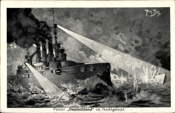 Artist Postcard Thiele, A., Battleship Germany in night battle, Imperial Navy