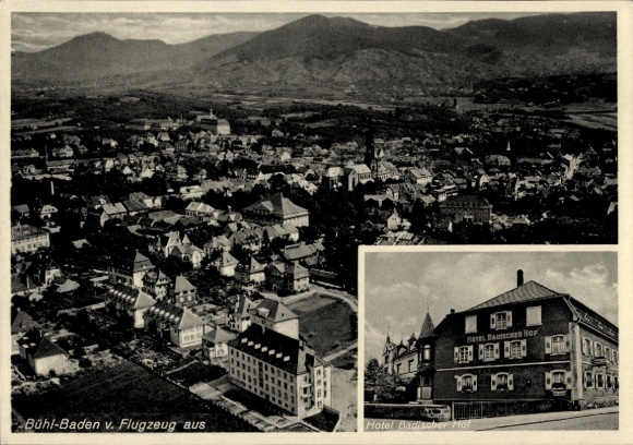 Postcard Bühl in Baden Black Forest, aerial photograph, Hotel Badischer Hof