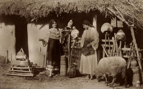 Postcard Women in Romanian Costumes, Sheep, Spindle