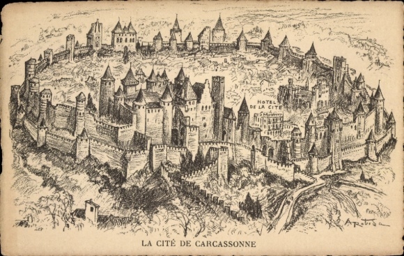 Artist Postcard Robida, Carcassonne Aude, La Cité, historical view of the fortress city