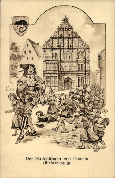 Kunstenaar Ak Hameln, tekening van de rattenvanger van Hamelen, fragment voor kinderen