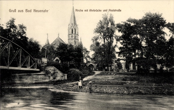 Ak Bad Neuenahr Ahrweiler Rheinland Pfalz, Kirche, Ahrbrücke, Poststraße, Wasseransicht