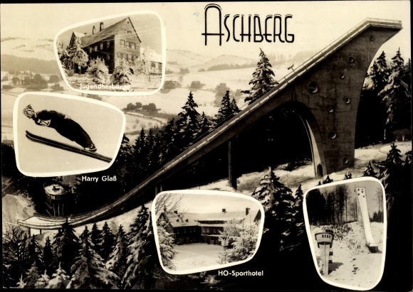 Postcard Aschberg Klingenthal in Vogtland Saxony, Great Aschberg Schanze, Harry Glass, youth hostel
