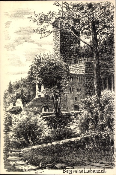 Postcard Bad Liebenzell in the Black Forest, castle ruins, nature, trees, ruins, drawing