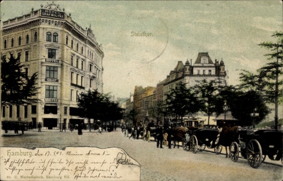 Postcard Hamburg Mitte St. Georg, Steintor, horse-drawn carriages, Hotel Graf Moltke