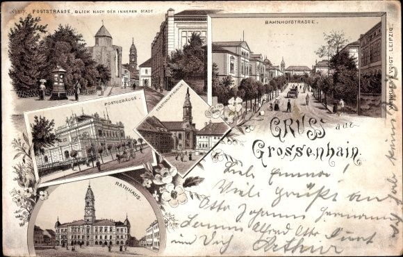 Chromo-Litho Grossenhain in Saxony, Poststrasse, town hall, post office building, Bahnhofstrasse, main town church