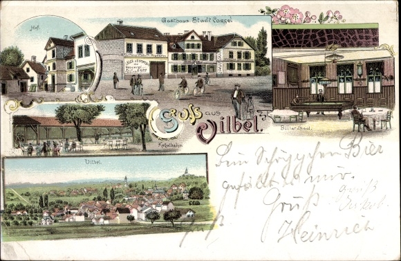 Litho Bad Vilbel in Hessen, binnenplaats, herberg Stadt Kassel, biljartkamer, bowlingbaan