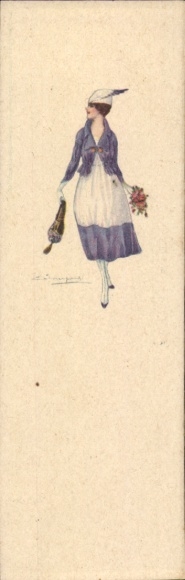 Artist Postcard Bompard, Sergio, Lady in blue and white dress, bouquet of flowers