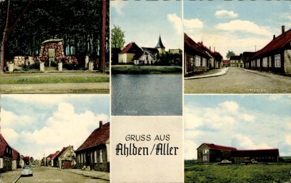 Postcard Ahlden an der Aller, memorial, church, Lange Straße, school