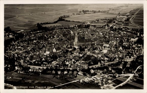 Postcard Nördlingen in Swabia, general view with church from the airplane