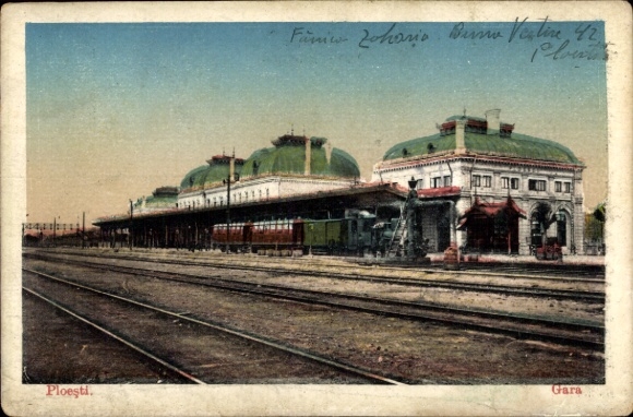 Postcard Ploesti Ploiești Romania, train station, train tracks