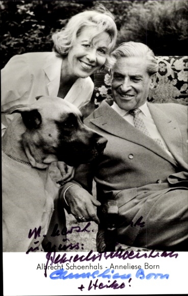 Postcard actor Albrecht Schoenhals, actress Anneliese Born, Great Dane, portrait, autograph