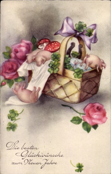 PC New Year's greetings, gift basket, pigs, clover, mushrooms, horseshoe