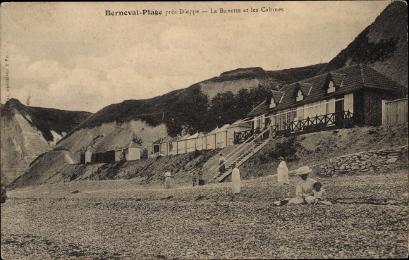 Postcard Berneval le Grand Petit Caux Seine Maritime, beach, La Buvette, les Cabines