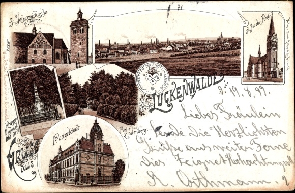 Chromo-Litho Luckenwalde in Brandenburg, St. Johannis Church, post office building, war memorial, Lindenberg