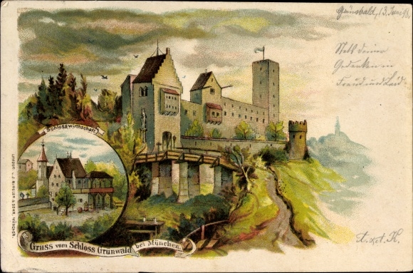 Chromo-Litho Grünwald in the district of Munich Upper Bavaria, greetings from the castle, castle restaurant