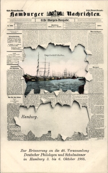 Newspaper Postcard Hamburg, Sailing Ship Harbor, 48th Meeting of German Philologists and Schoolmen 1905