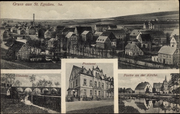 Ak Sankt Egidien in Sachsen, afstandsschot, kerkgedeelte, postkantoor, viaduct