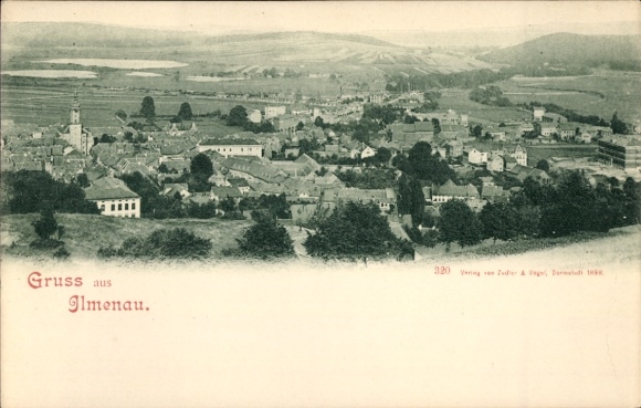 Postcard Ilmenau in Thuringia, panoramic view of houses, landscape, text: Greetings from Ilmenau