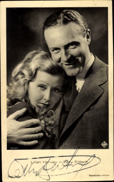 Postcard actress Lilian Harvey, actor Willy Fritsch, portrait, Ufa Film, autograph WF