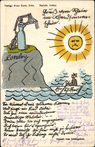 Artist PC St. Goarshausen in the Rhein Lahn district, Loreley rock, skipper, sun