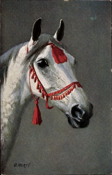 Artist Postcard Merté, Oskar, horse head, white fur, red bridle