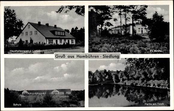 Postcard Hambühren in Lower Saxony, Evangelical Church, household goods store, school, pond