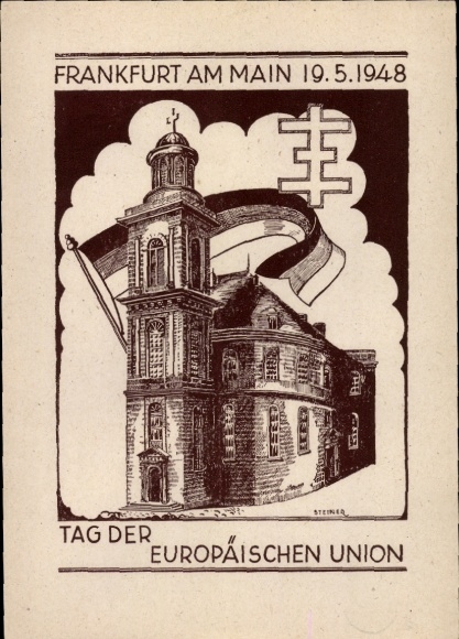 Postwaardestuk kunstenaarsbriefkaart Frankfurt am Main, reclame voor de Dag van de Europese Unie, 1948