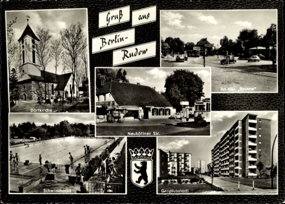 Coat of arms Postcard Berlin Neukölln Rudow, church, Gropiusstadt high-rise buildings, outdoor pool, shop, tram