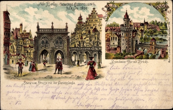 Chromo-Litho Berlin, trade exhibition 1896, Spandauer Strasse, court arbor, Spandauer Tor, bridge