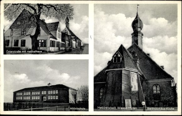 Ak Wesselburen in Dithmarschen, Bartholomäus-kerk, middelbare school, Österstraße m. Hebbelhaus