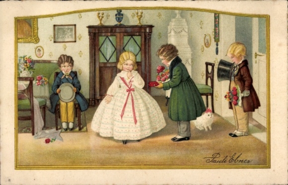 Artist Postcard Ebner, Pauli, Visites de Felicitations, Men with Flowers, Woman