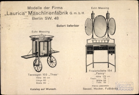 Postcard advertising, metal furniture, tea trolley, dressing toilet, Laurica Maschinenfabrik GmbH, Friedrichstrasse 16