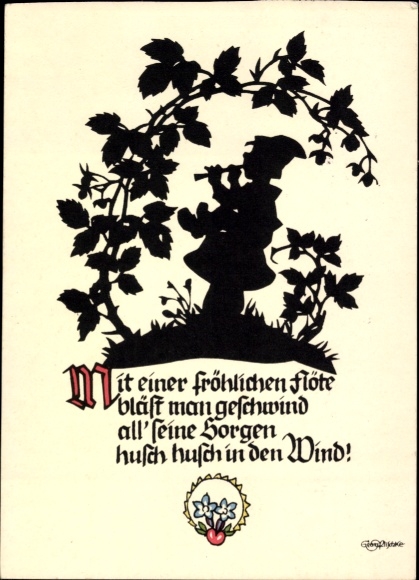 Artysta tworzący wycinanki z papieru, KP Plischke, G., Chłopiec muzyk z wesołym fletem...