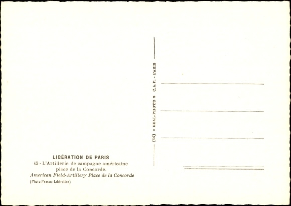 CPA Parijs VIII, Bevrijding van Parijs, L'Artillerie de campaignne américaine place de la Concorde
