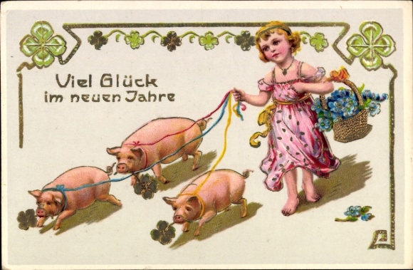 PC Happy New Year, girl with flower basket, pigs, lucky clover
