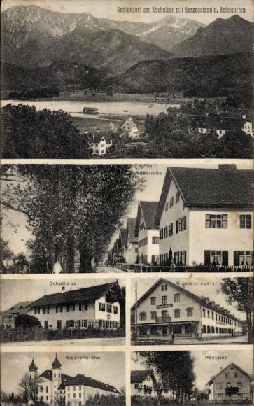Ak Schlehdorf am Kochelsee Oberbayern, Schule, Klosterbrauerei, Klosterkirche, Postamt, Panorama