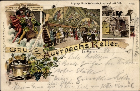 Chromo-Litho Leipzig in Saxony, views of Auerbach's cellar, witch's kitchen, Faust legend