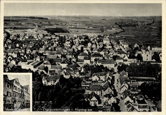 Ak Donaueschingen im Schwarzwald, Luftaufnahme von  Stadtansicht, Gasthaus Engel, 